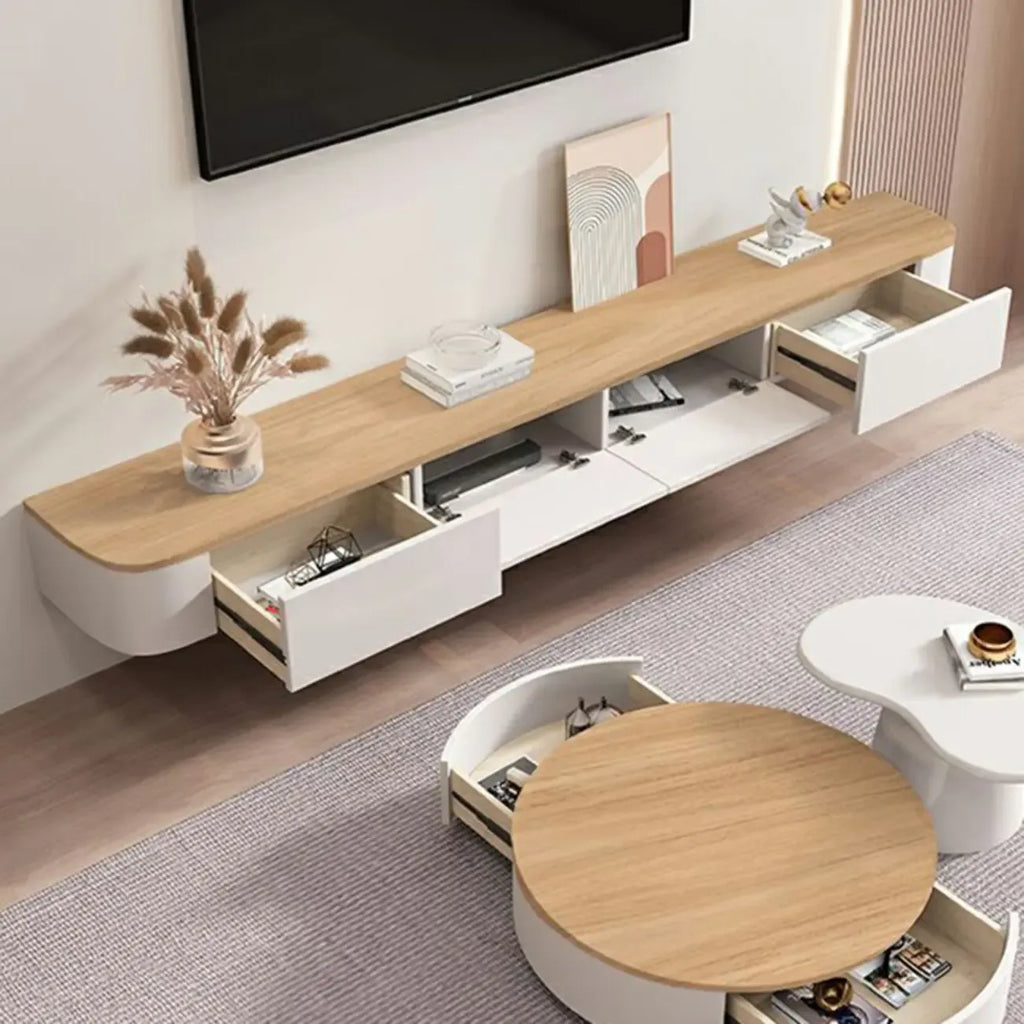 Mobile TV galleggiante contemporaneo in legno bianco con cassetti