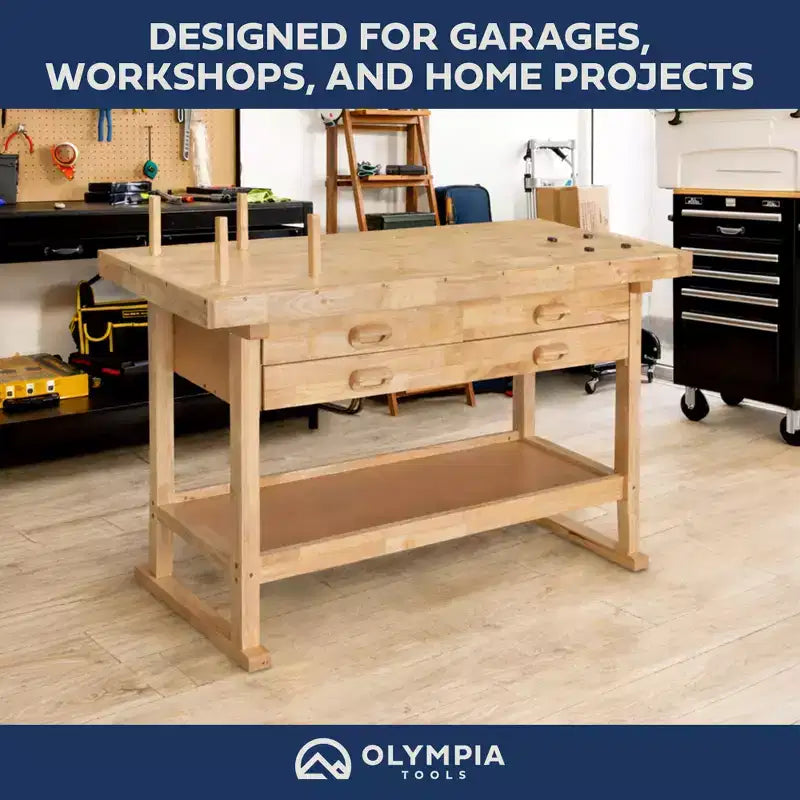 Olympia Tools Banco da Lavoro in Legno di Gomma, 4 Cassetti, Capacità di Carico 204 kg