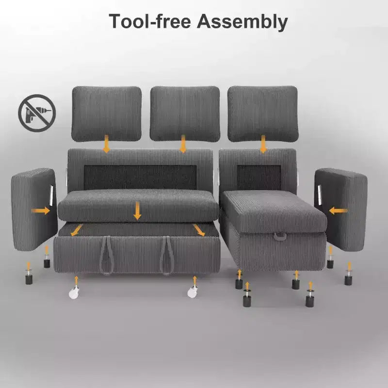 Divano Letto Estraibile 2 in 1 Dyonery con Chaise Longue Contenitore e USB, Divano Angolare in Velluto a Coste per Soggiorno