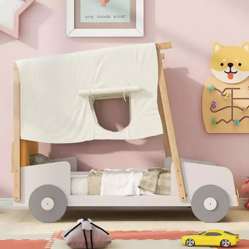 Letto a forma di Auto Whisen in Legno con Cuscino, Baldacchino in Tessuto e LED - Naturale
