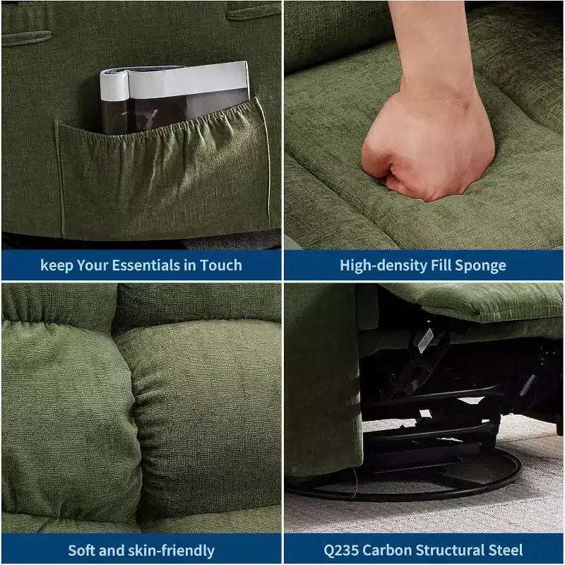 Poltrona Reclinabile Massaggiante con Calore - Girevole a 360°, Dondolo, Divano Singolo Oversize con Vibrazione, USB e Tasche Contenitore per Soggiorno/Camera da Letto