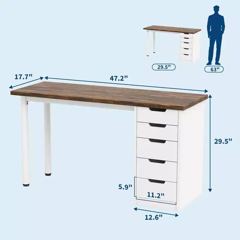 Scrivania per computer da 47 pollici con 5 cassetti, tavolo da studio/scrittura moderno rustico reversibile, workstation per ufficio domestico per piccoli spazi
