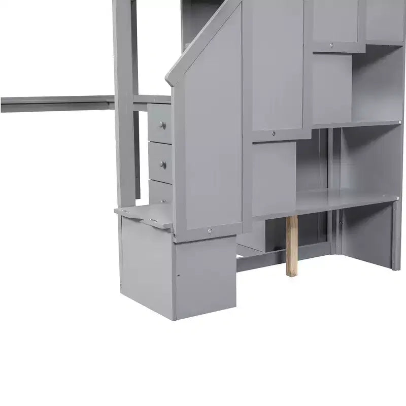 Letto a soppalco singolo con scrivania a L, 3 cassetti, armadio, contenitore per scale, struttura in pino massiccio/MDF
