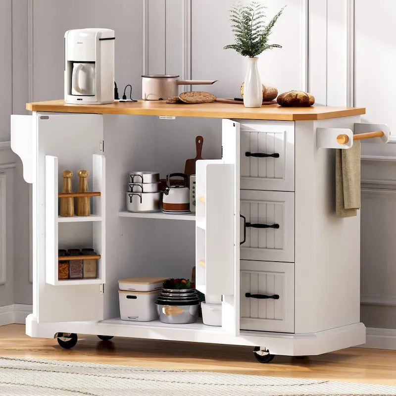Isola Cucina Espandibile con Ante a Scomparsa, Carrello Cucina su 4 Ruote con Presa Elettrica, Tavolo Isola Mobile con 2 Ante e 6 Cassetti