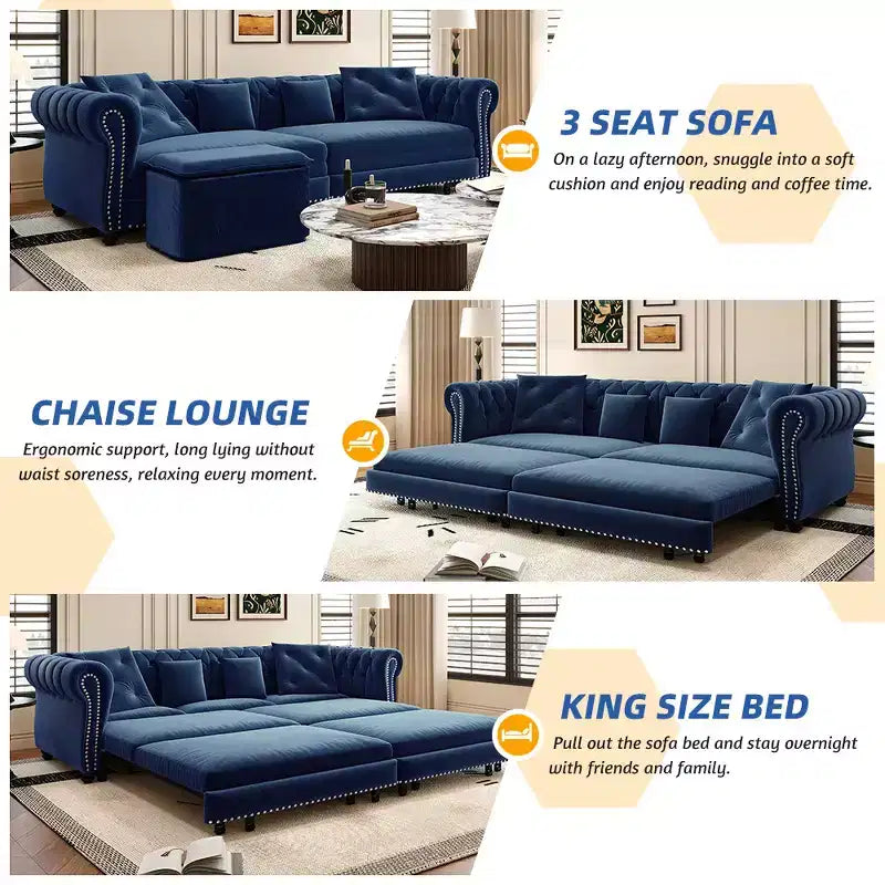 Divano Letto Estraibile 3-in-1 King Size in Velluto Whisen e Divano Letto Convertibile con Ottomana Mobile, Design Trapuntato