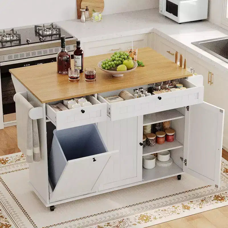 Table îlot mobile 55 avec prise de courant et abattant, chariot de cuisine roulant avec poubelle intégrée pour cuisine