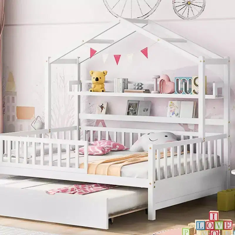 Acekool Letto a capanna a grandezza naturale con letto estraibile singolo, cassetti e ripiani portaoggetti, tetto e recinzione, letto a piattaforma per bambini, bianco