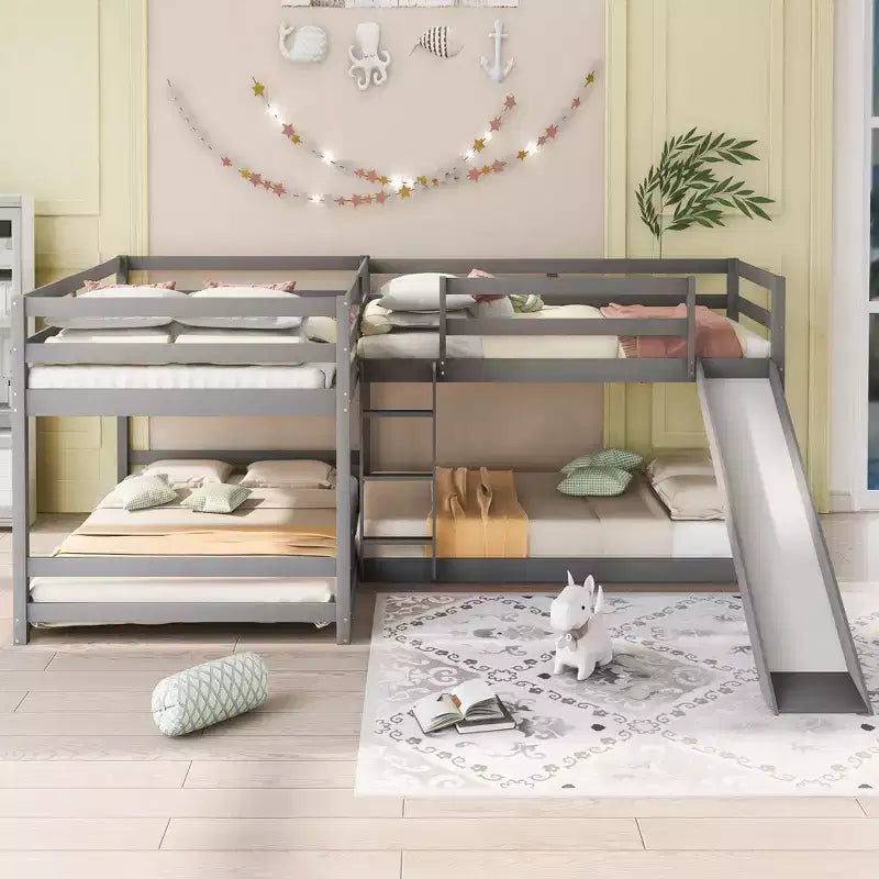 Letto a castello a L per 4 bambini, letto a castello quadruplo con scivolo, struttura in legno full e twin per cameretta dormitorio
