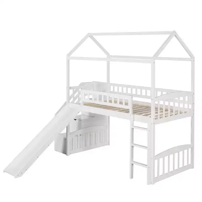 Letto a soppalco a castello con scivolo e scale, letto a soppalco con cassetti contenitori, letto a soppalco in legno a capanna per bambini e neonati