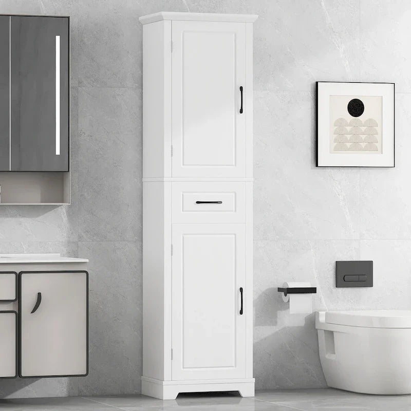 Mobiletto da bagno autoportante con 2 ante, ripiani regolabili e vano portaoggetti sull'anta, organizer da bagno alto