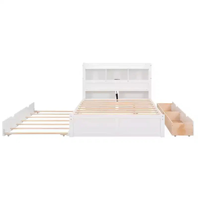 Letto matrimoniale con contenitore, rotelle estraibili, testiera libreria e stazione di ricarica, struttura letto in legno matrimoniale con mensole e cassetti