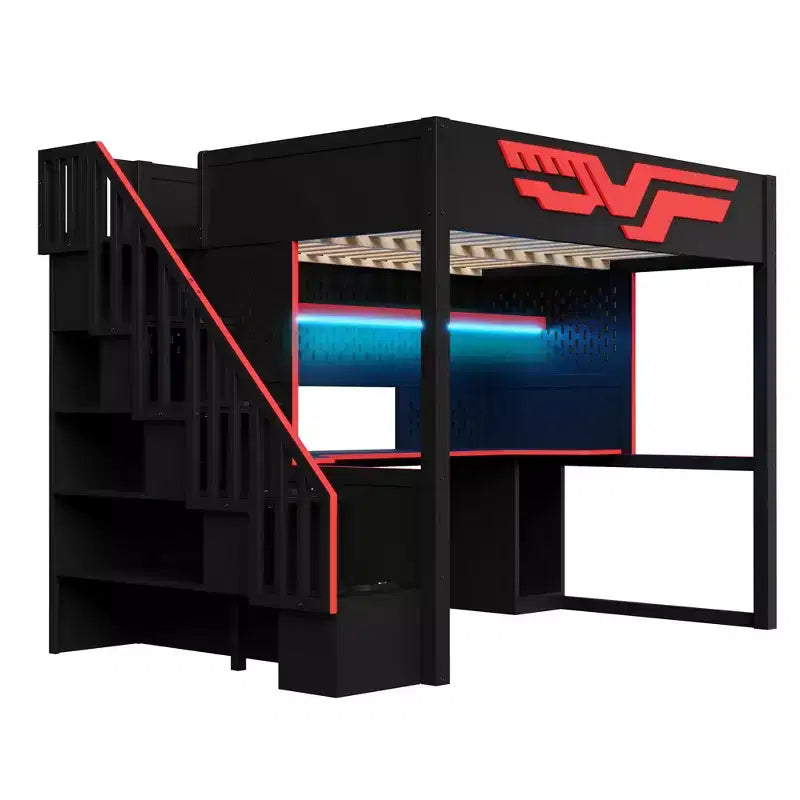 Letto a soppalco da gioco completo con scrivania e luci LED, letto a soppalco alto in legno a una piazza e mezza con scala e scala portaoggetti e USB, rosso+nero