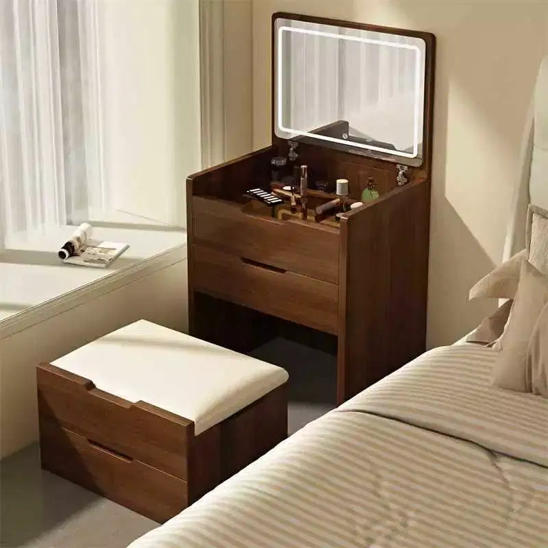 Coiffeuse 3-en-1 Okak avec miroir rabattable, coiffeuse compacte avec plateau en verre visible et tabouret rembourré, coiffeuse pour chambre à coucher
