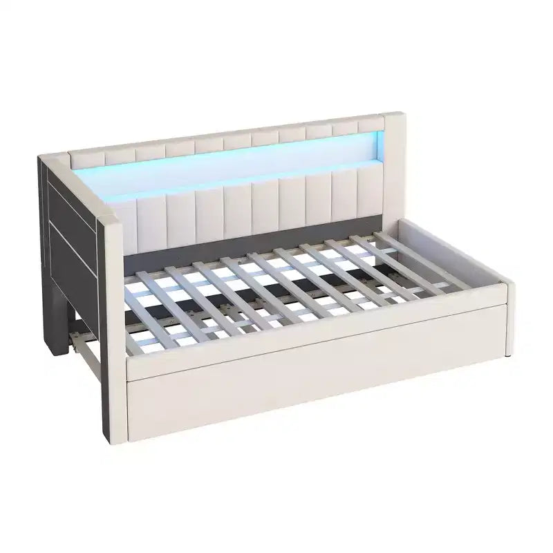 Letto da Giorno Twin/Full con Letto Estraibile e Testiera a Libreria a L, Letto Angolare Imbottito in Lino con Ripiani Portaoggetti e Cinghia a LED