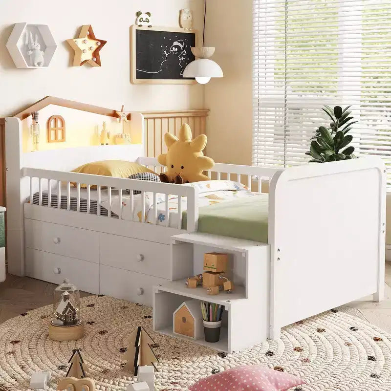 Letto a soppalco basso Whisen con luci a LED, testiera a forma di casetta e cassetti portaoggetti, struttura solida