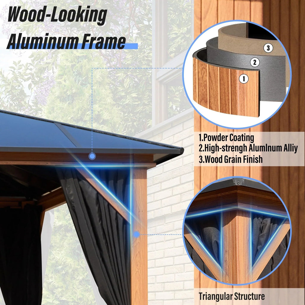 EROMMY Gazebo a tetto rigido, Pergola da esterno con doppio tetto, zanzariere e tende, Tenda da sole resistente per patio, cortile, feste in piscina