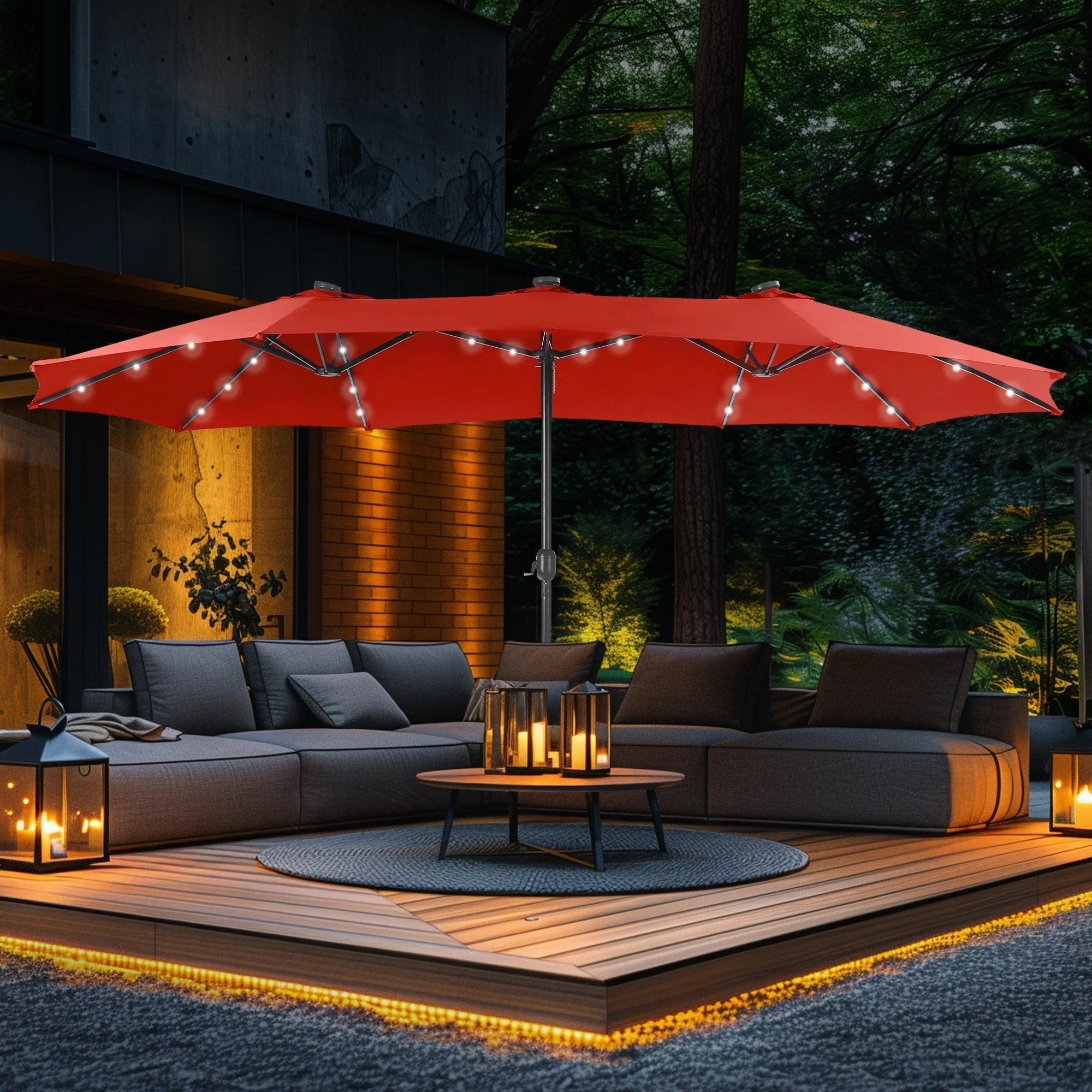 Ombrellone da esterno rettangolare con manovella, a doppia faccia, da 4,5 metri, con luci a LED solari e base inclusa