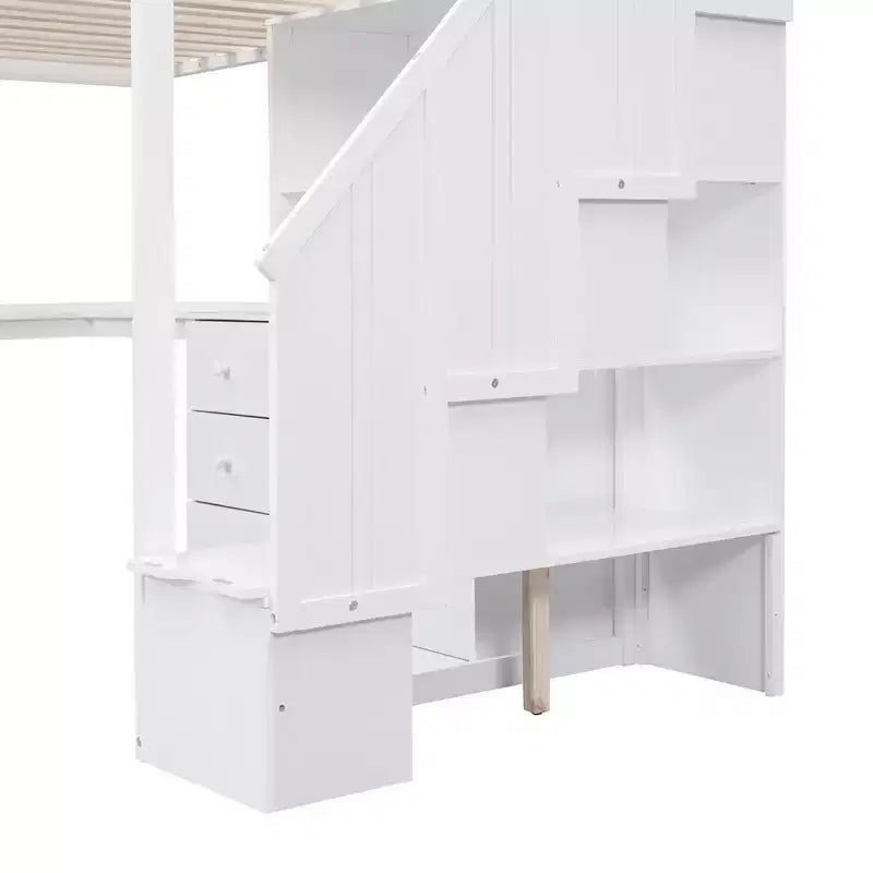 Letto a soppalco singolo con scrivania a L, 3 cassetti, armadio, contenitore per scale, struttura in pino massiccio/MDF