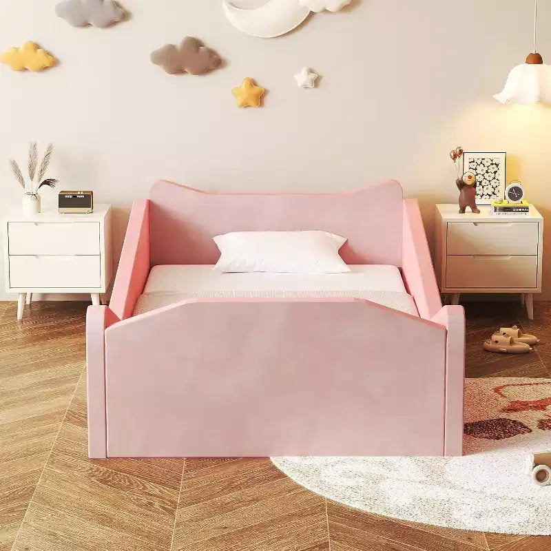Lettino per bambini JOYMOR, Letto a pavimento con sponda di sicurezza, Lettino Montessori per bambini con orecchie di animali, Rosa