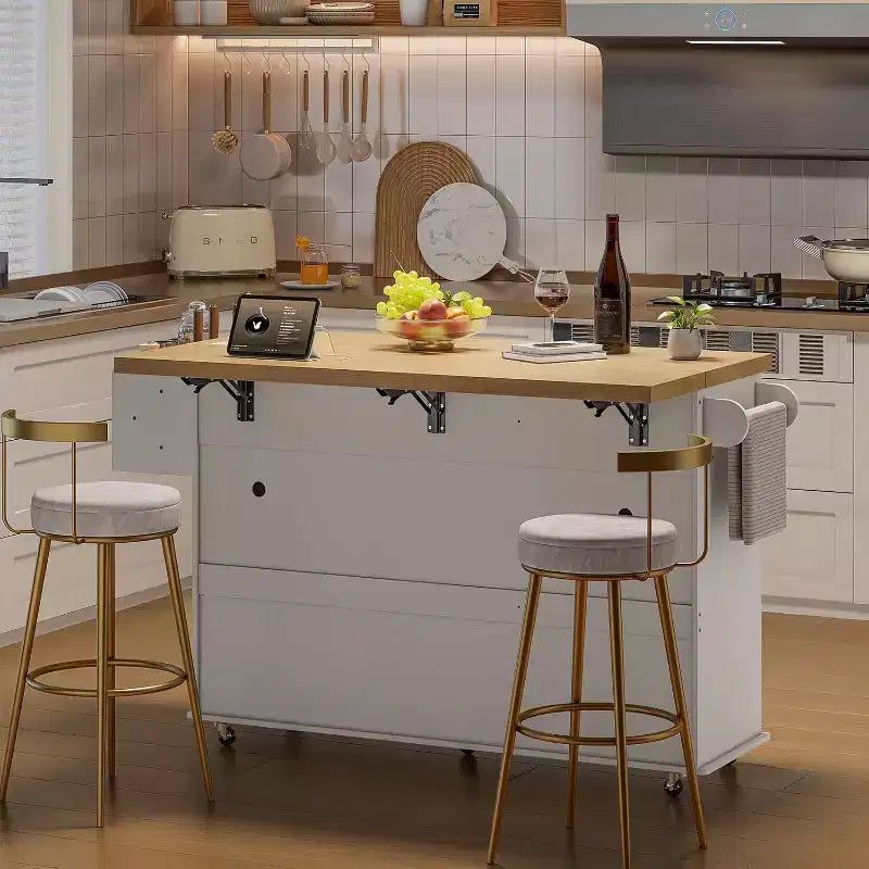 Tavolo da cucina mobile con isola da 55" con presa di corrente e anta a ribalta, carrello da cucina con isola su ruote e armadietto per pattumiera per la cucina