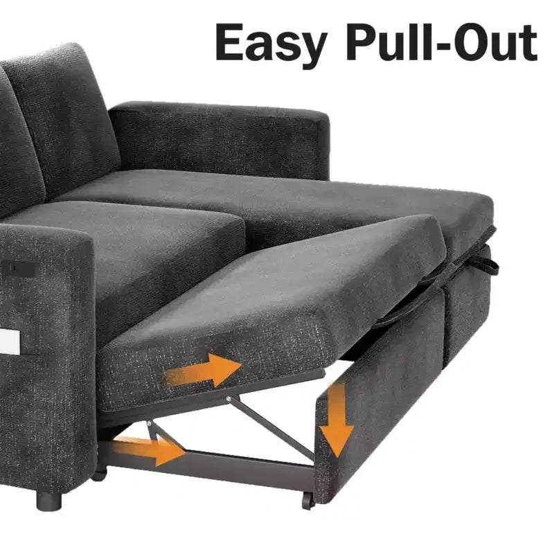 Divano Letto Estraibile 2 in 1 con Chaise Longue Contenitore, Divano Componibile in Ciniglia con Porte USB per Soggiorno