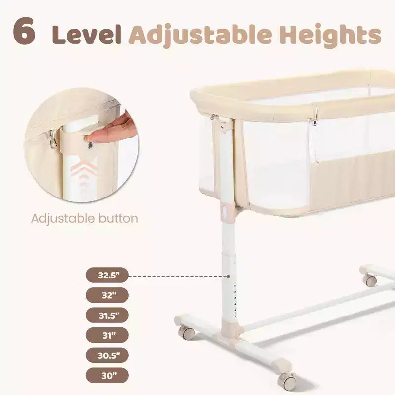 Culla Neonato con Ruote – Beige / Grigio / Rosa, Culla Fianco Letto, per 1 Neonato
