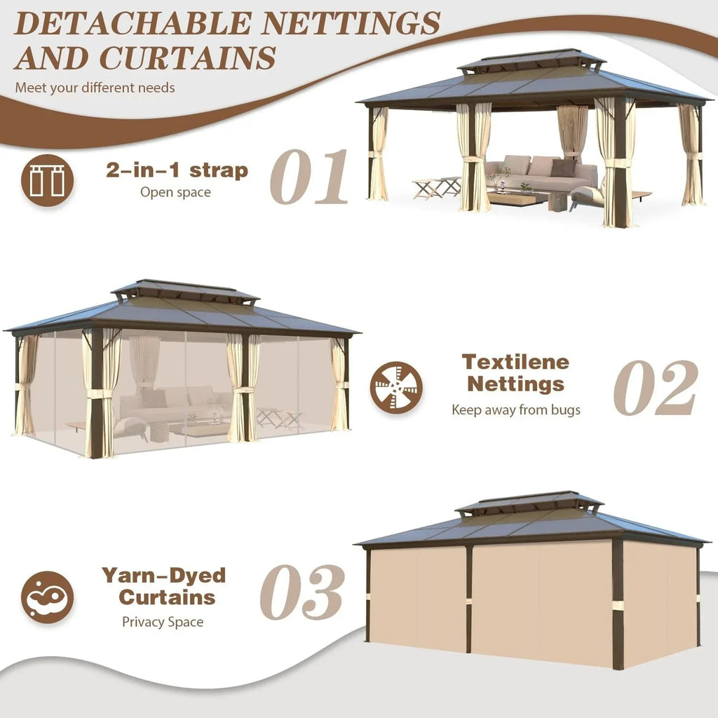 EROMMY Gazebo a tetto rigido, Pergola da esterno con doppio tetto, zanzariere e tende, Tenda da sole resistente per patio, cortile, feste in piscina