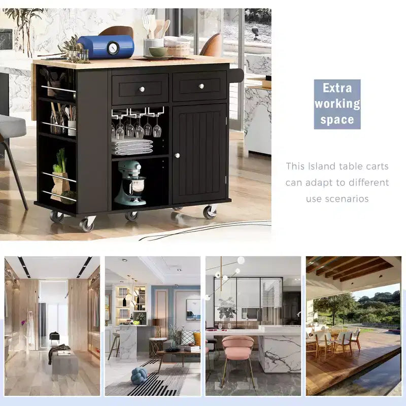 Isola da Cucina Mobile con Presa di Corrente, Piano Ribaltabile e Top in Legno di Gomma