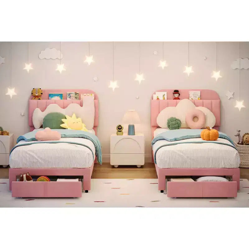 Struttura Letto Singolo (2 pz) con Cassetti Contenitori e Testiera, Rivestito in Velluto, Basso Profilo, Silenzioso, Facile da Montare, Rosa