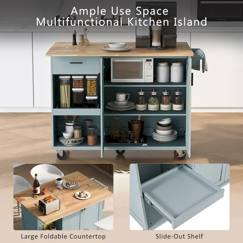 Isola da cucina con piano pieghevole, carrello da cucina con ripiano estraibile, portasciugamani e cassetto, ruote girevoli