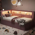 Letto da Giorno Twin/Full con Letto Estraibile e Testiera a Libreria a L, Letto Angolare Imbottito in Lino con Ripiani Portaoggetti e Cinghia a LED