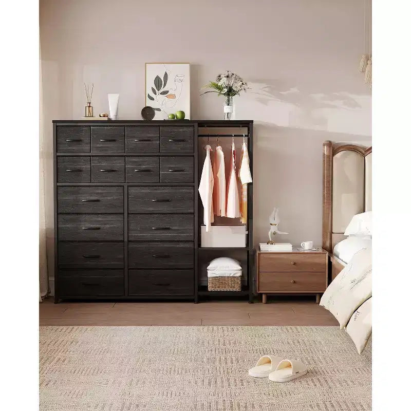 Comò con 16 cassetti e asta appendiabiti e ripiani, organizer per vestiti in tessuto per camera da letto, armadio o ingresso
