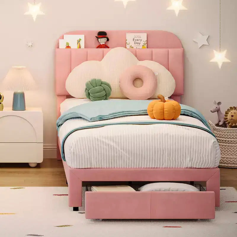 Struttura Letto Singolo (2 pz) con Cassetti Contenitori e Testiera, Rivestito in Velluto, Basso Profilo, Silenzioso, Facile da Montare, Rosa