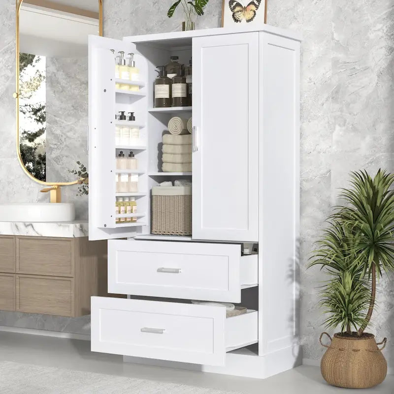 Armadietto alto da bagno, Armadietto con due ante e cassetti, Ripiano regolabile, Pannello in MDF