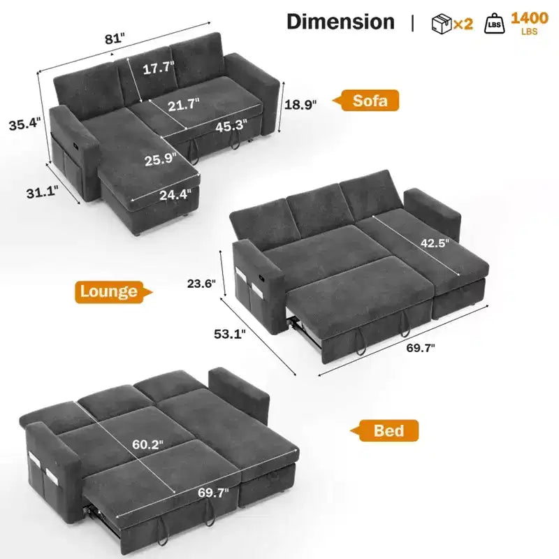 Divano Letto Estraibile 2 in 1 con Chaise Longue Contenitore, Divano Componibile in Ciniglia con Porte USB per Soggiorno