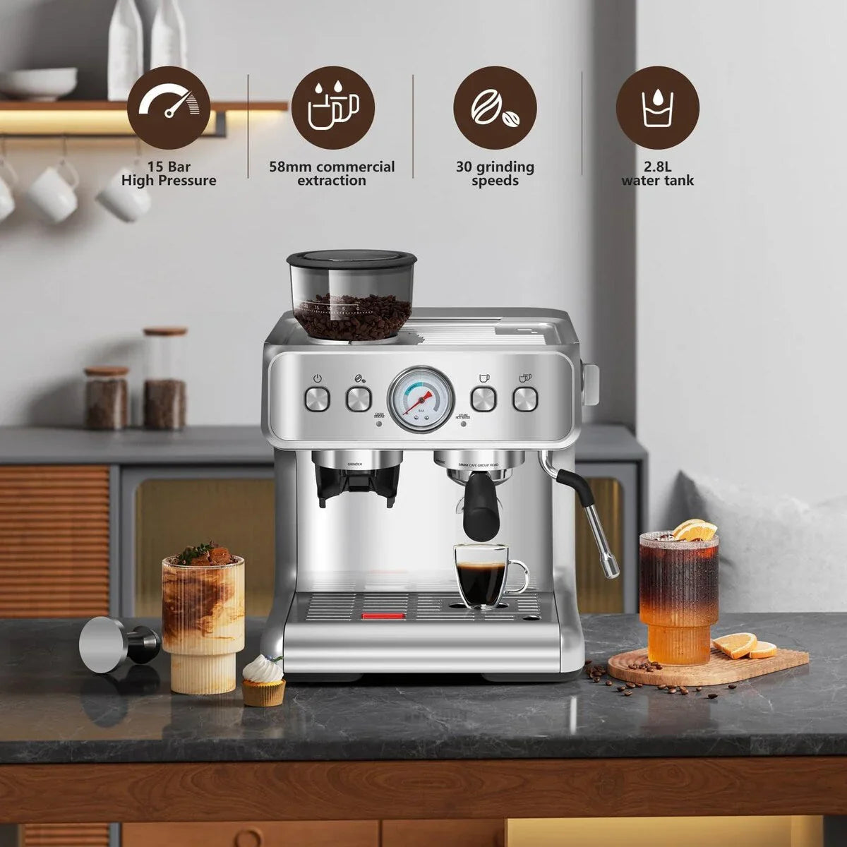 Macchina da Caffè Semi-automatica con Controllo Intelligente della Temperatura e Funzione Acqua Calda, 30 Impostazioni di Macinatura