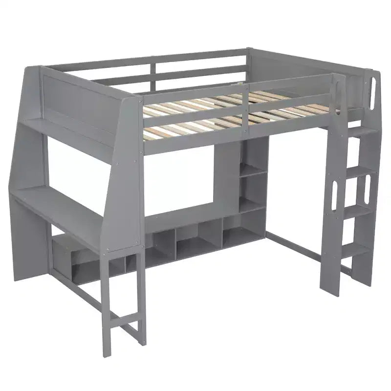 Letto a soppalco da gaming Whisen Wood, formato singolo, con scrivania, mensole multi-storage, LED e un appendiabiti
