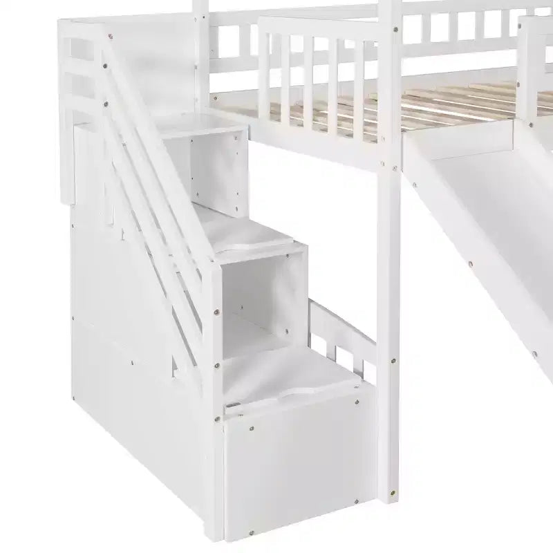 Letto a soppalco a castello con scivolo e scale, letto a soppalco con cassetti contenitori, letto a soppalco in legno a capanna per bambini e neonati