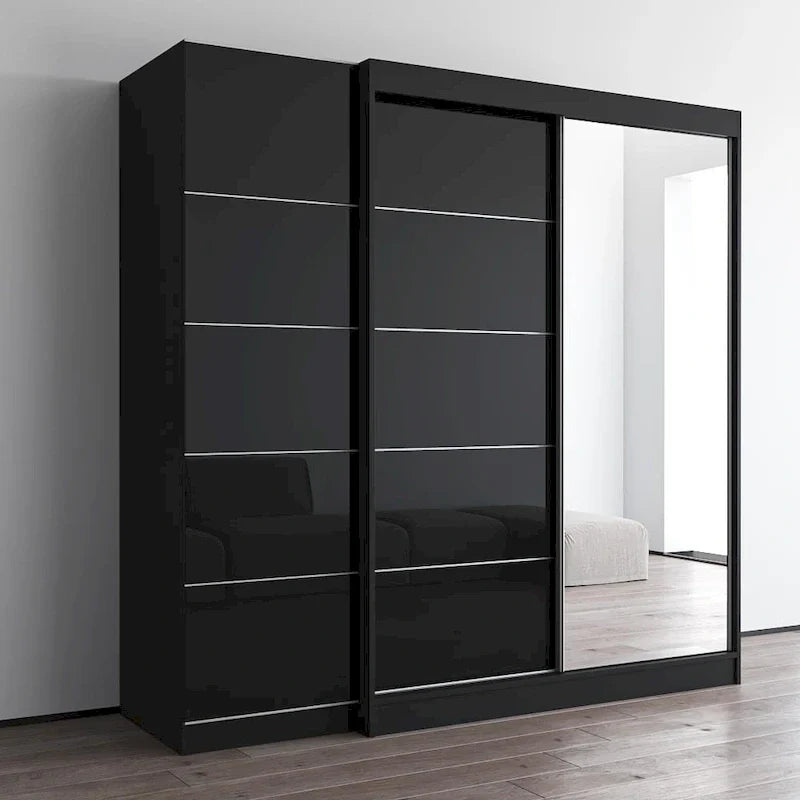 Armadio a 2 ante con specchio, frontale in vetro, 2 persone (grigio/nero/bianco)