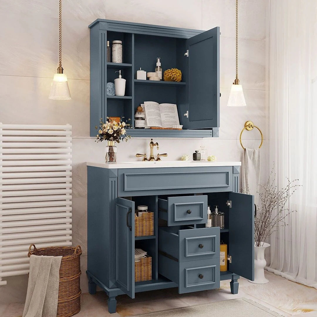 Mobile Bagno Moderno da 90cm con Lavabo Integrato e Specchiera, 2 Ante e 2 Cassetti