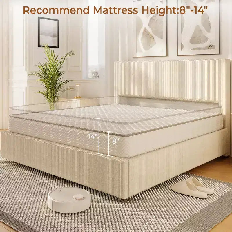 CuisinSmart - Struttura letto in velluto a coste con testiera, struttura letto imbottita con piattaforma con 4 cassetti portaoggetti e supporto a doghe in legno