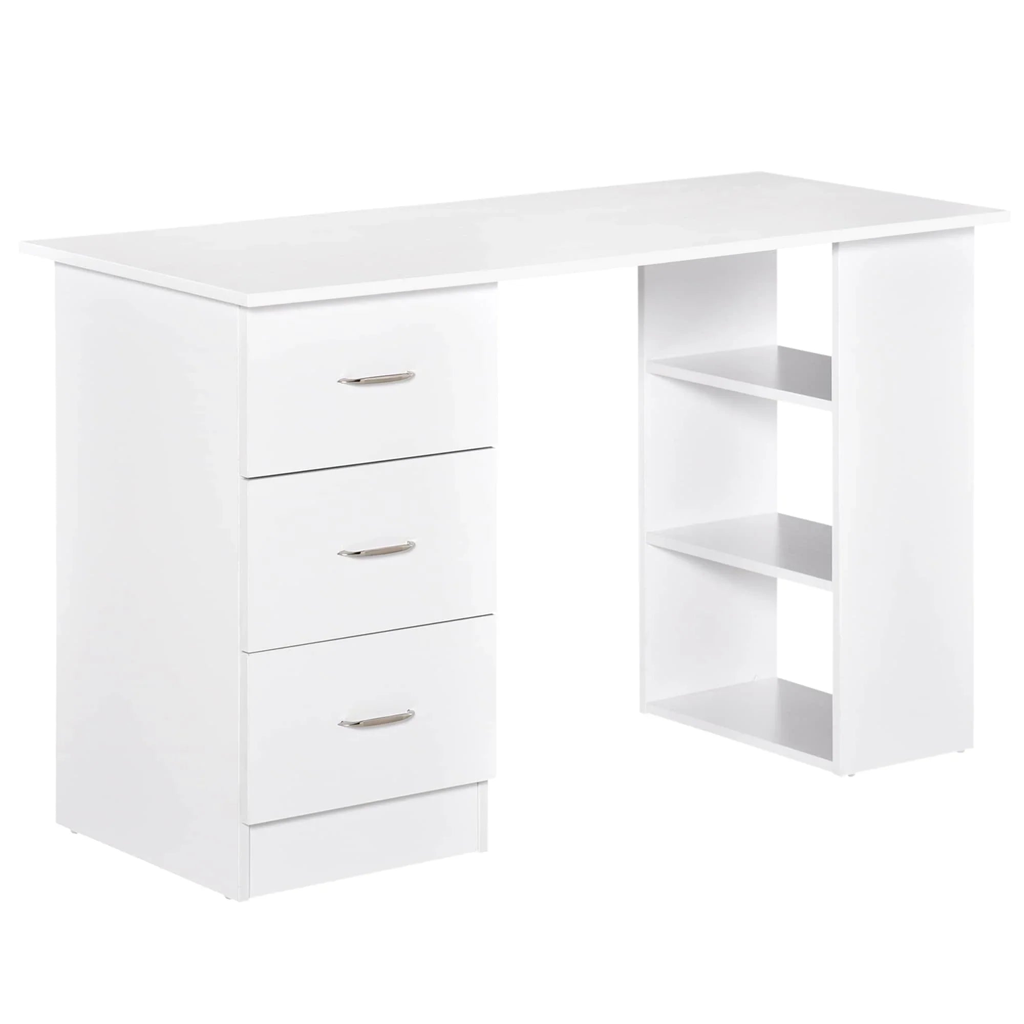 HOMCOM 47" Scrivania per Computer da Ufficio Moderna con Libreria, Tavolo da Scrittura Workstation con 3 Cassetti e Ripiano - Bianco