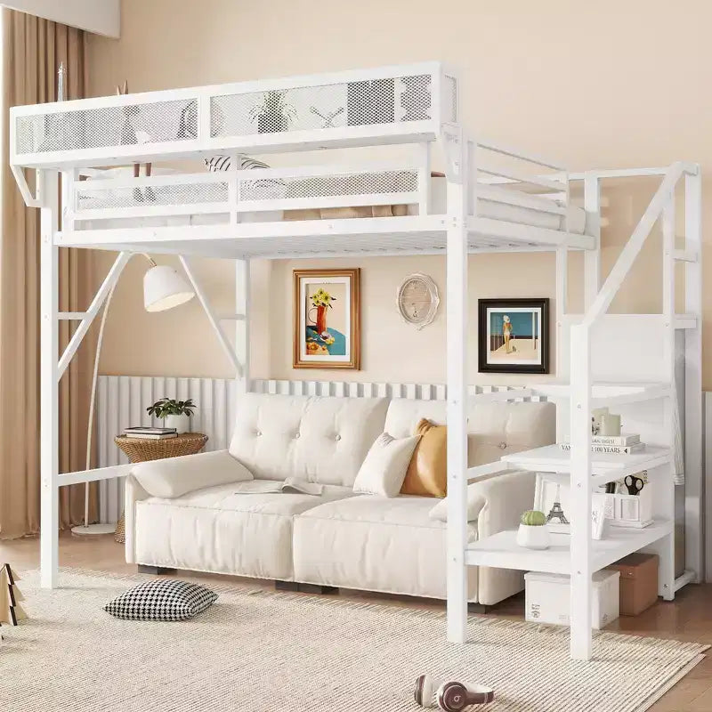 Okak 94IN Letto a soppalco singolo con armadio, letto singolo con ripiani portaoggetti e cestino, telaio letto per camera da letto, dormitorio