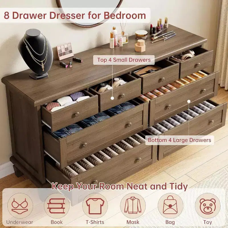 Comò a 8 cassetti per camera da letto, mobile TV vintage da 150 cm con maniglie intagliate e gambe affusolate, cassettiera in legno con grande capacità di archiviazione
