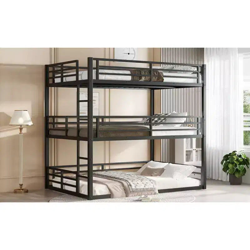 Letto a castello triplo completo, in metallo, con ringhiere di sicurezza, letto a castello robusto con design a riduzione di rumore, nero