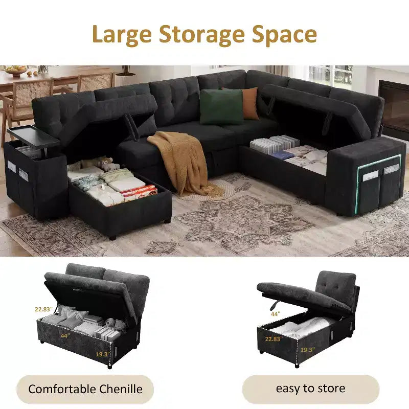 Divano letto componibile modulare Dyonery 112 con letto estraibile, divano componibile a U con contenitore, divani con seduta extra ampia e profonda per soggiorno