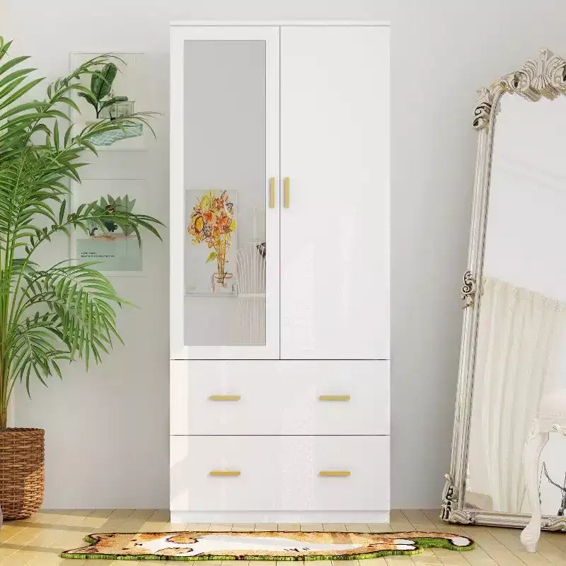 Hitow Armoire de rangement double tiroir avec portes miroir et zones de rangement