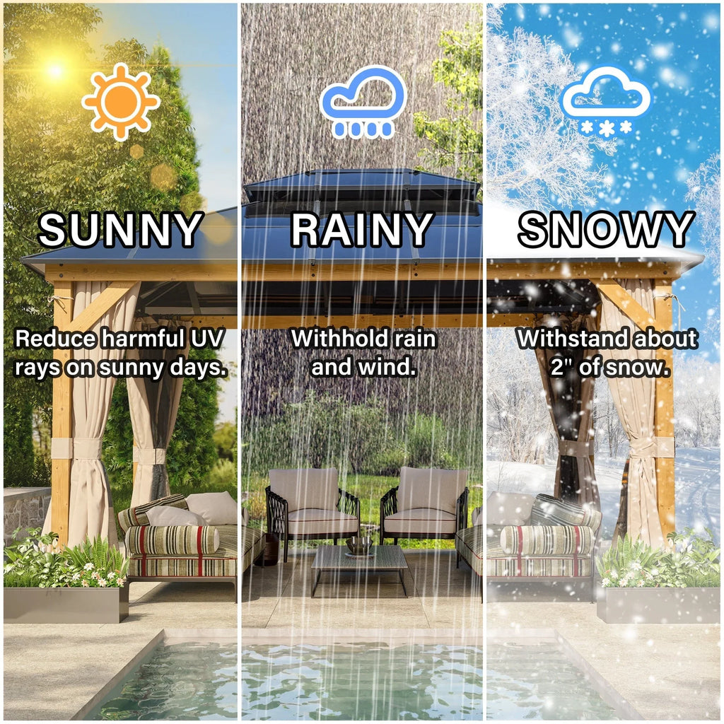 EROMMY Gazebo a tetto rigido, Pergola da esterno con doppio tetto, zanzariere e tende, Tenda da sole resistente per patio, cortile, feste in piscina