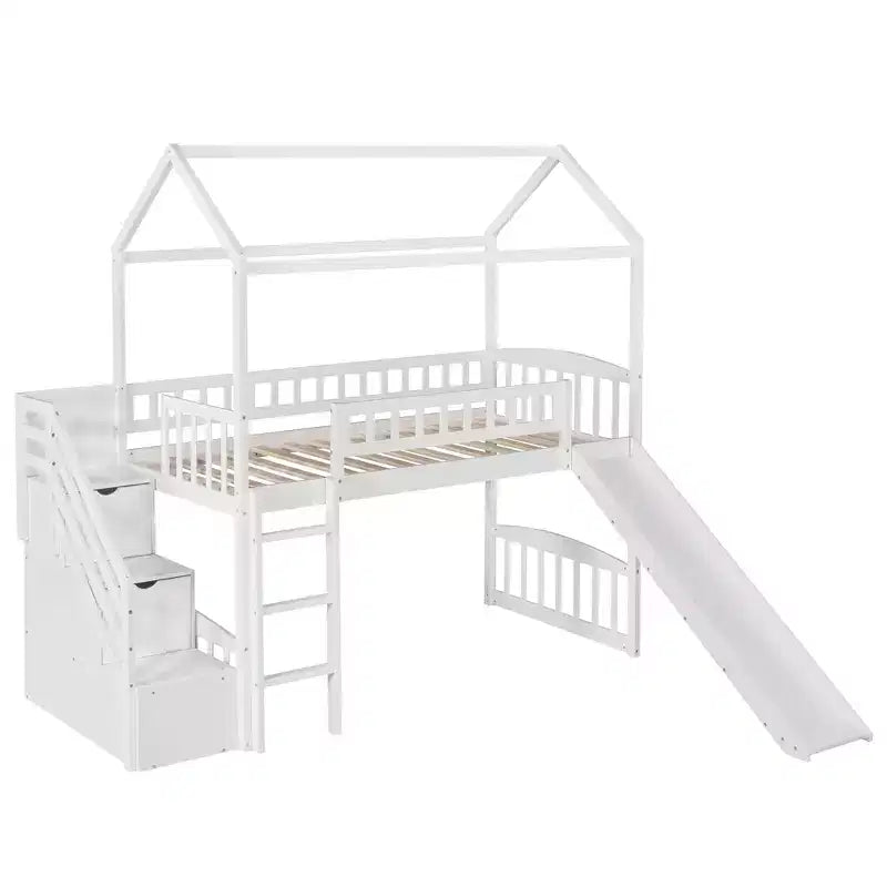 Letto a soppalco a castello con scivolo e scale, letto a soppalco con cassetti contenitori, letto a soppalco in legno a capanna per bambini e neonati