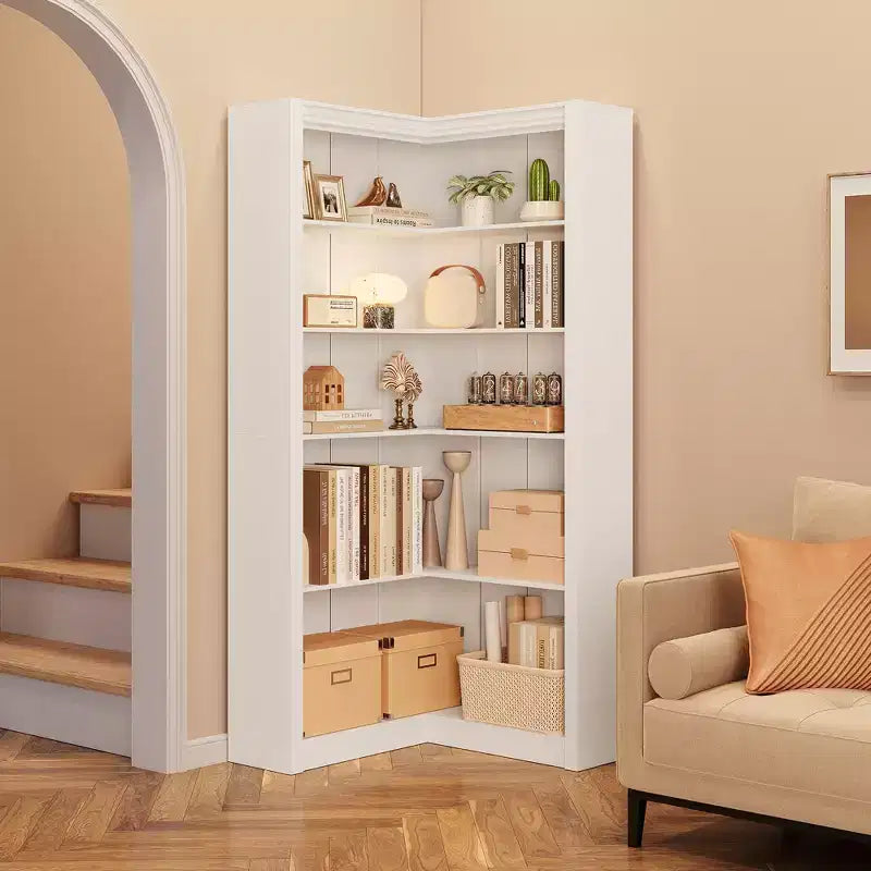 Libreria angolare a 5 ripiani a forma di L, in stile retrò, Bianco/Nero/Legno, singola